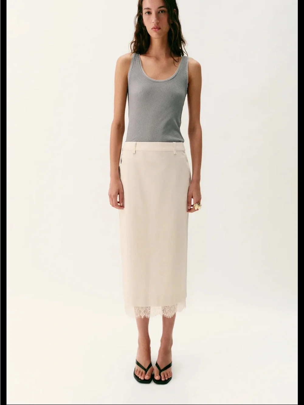 Zara Cream Midi Pencil Skirt with Lace Trim
